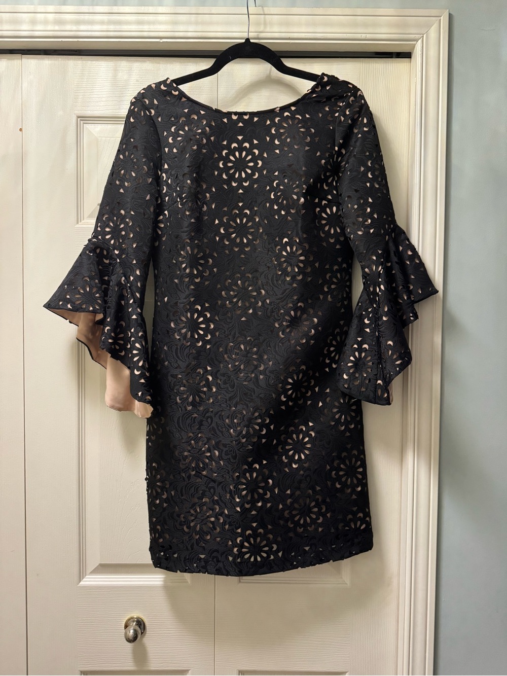 Black Floral Laser-Cut Bell Sleeve Dress with Nude Lining
